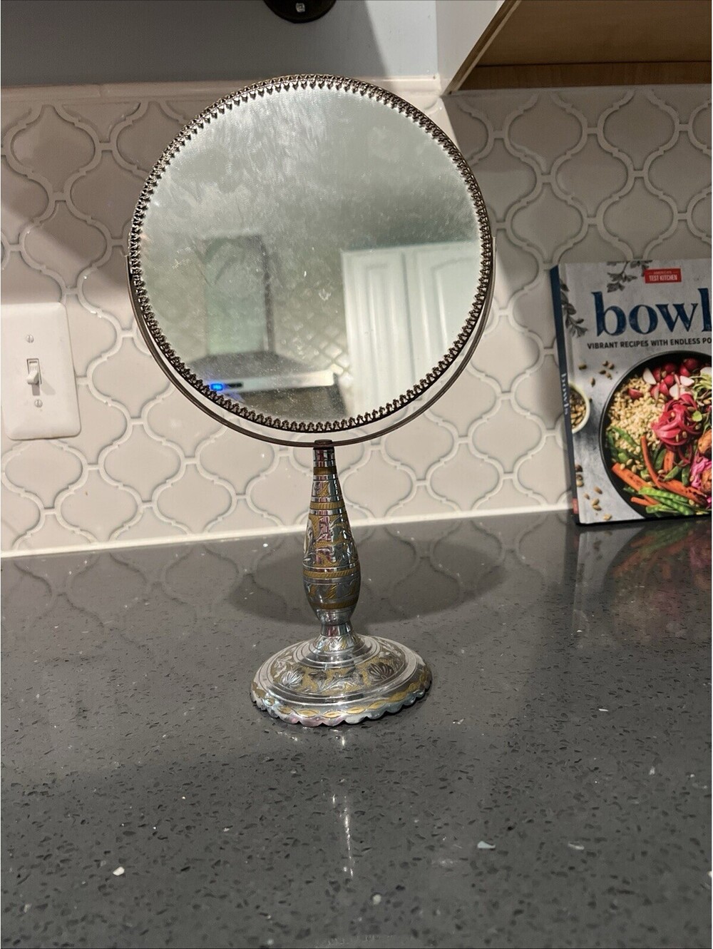 Vintage Etched Oval Vanity Dresser Mirror 7”x13" Swivel